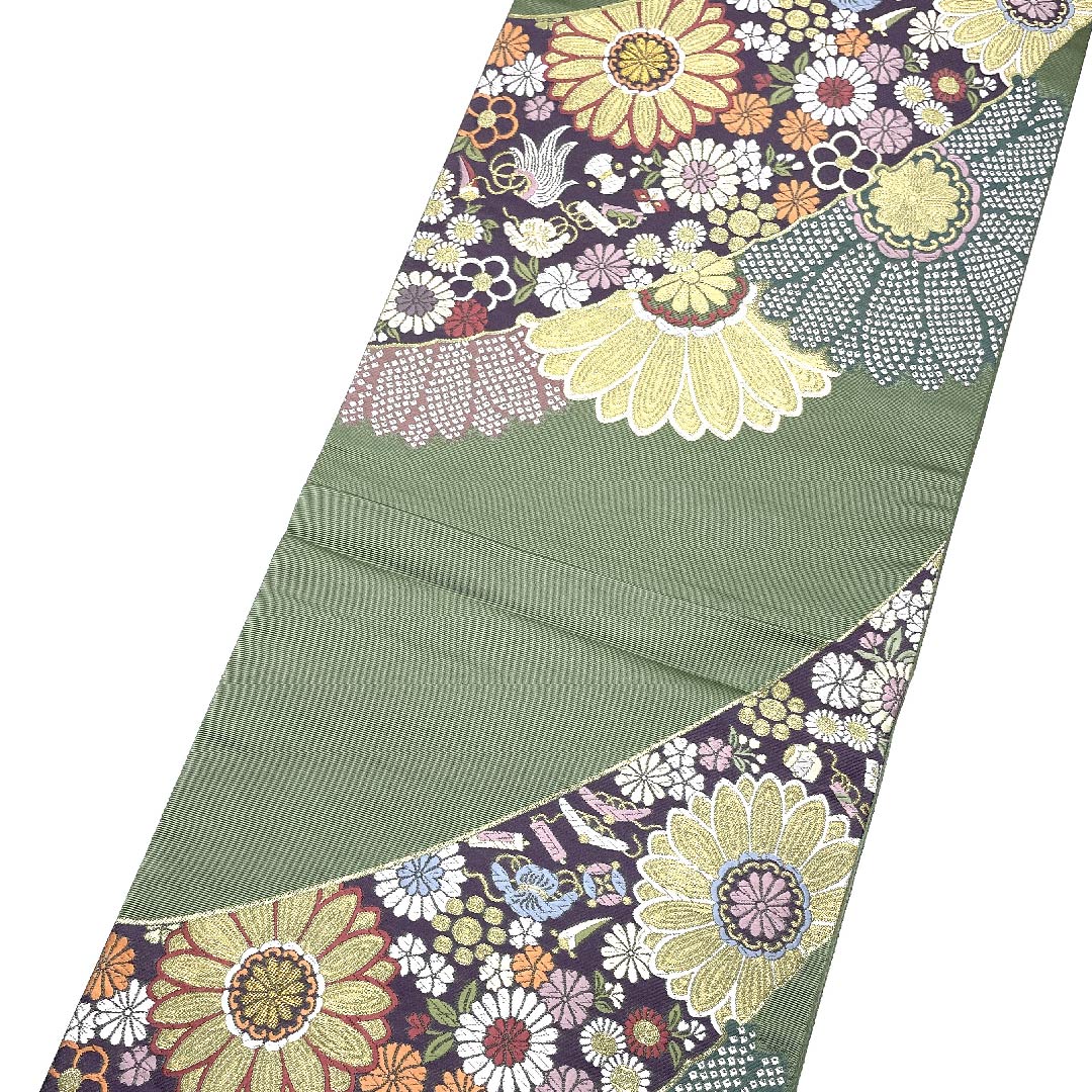 袋帯 山葵色(わさびいろ) 宝尽くし 花柄 高島織物 帯丈435cm 正絹 Sランク 六通 セミフォーマル 緑系 1123007162319