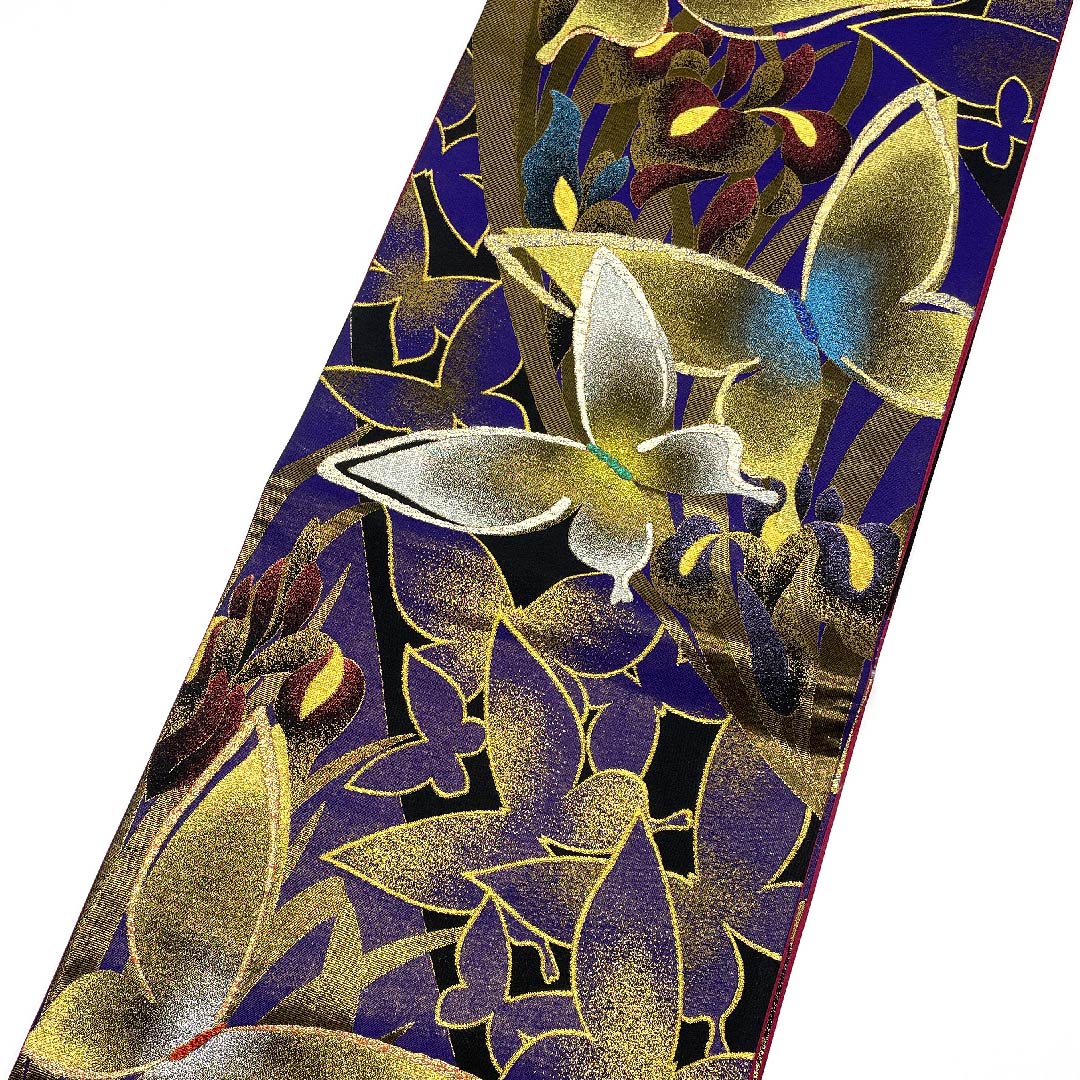 袋帯 江戸紫色(えどむらさきいろ) 蝶 花 金駒刺繍 帯丈430cm 正絹 Sランク 六通 フォーマル 紫系 1123007142320