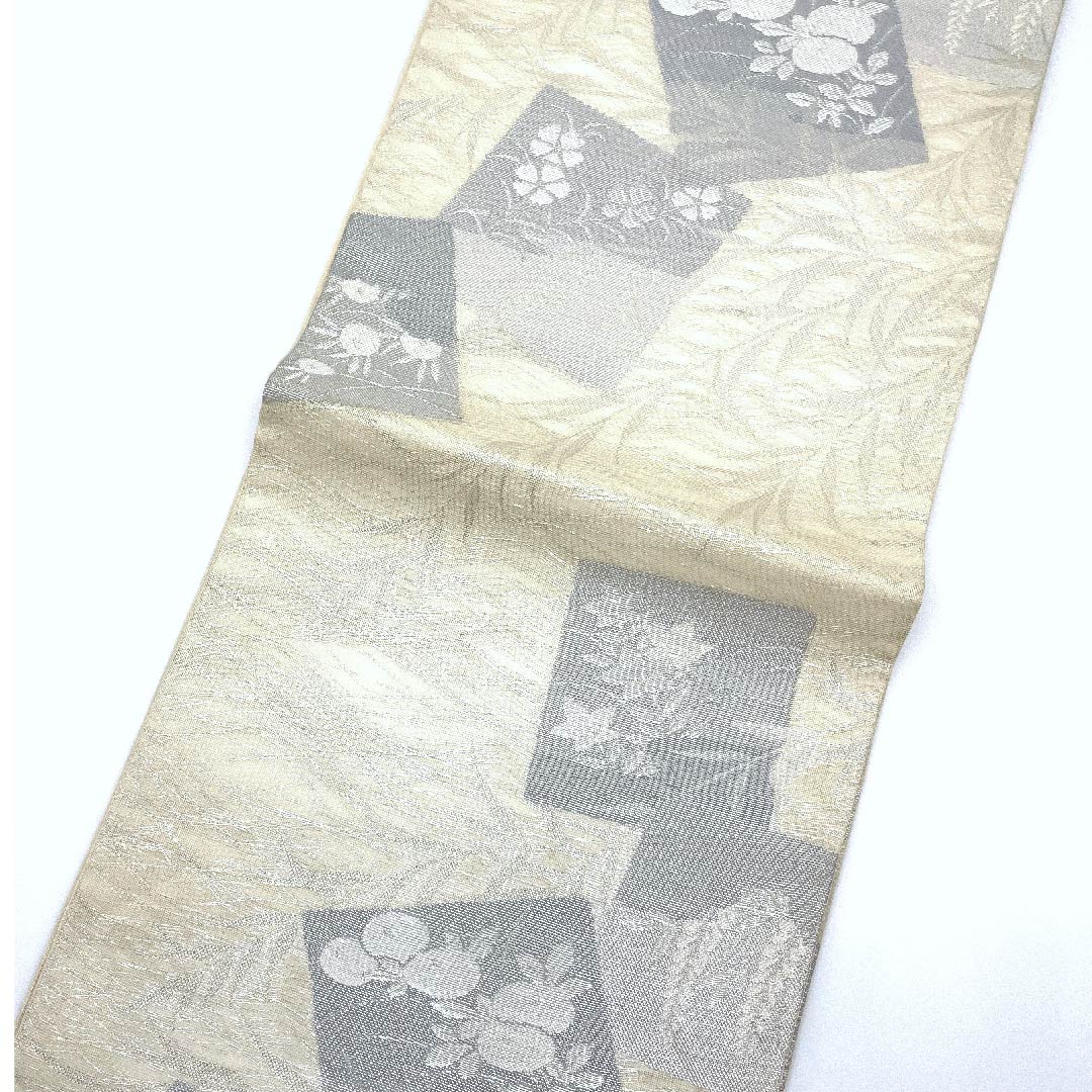 袋帯 生成り色(きなりいろ) 夏帯 桜 藤の花 夏物 帯丈422cm 正絹 Aランク 六通 フォーマル クリーム系 1123007673315