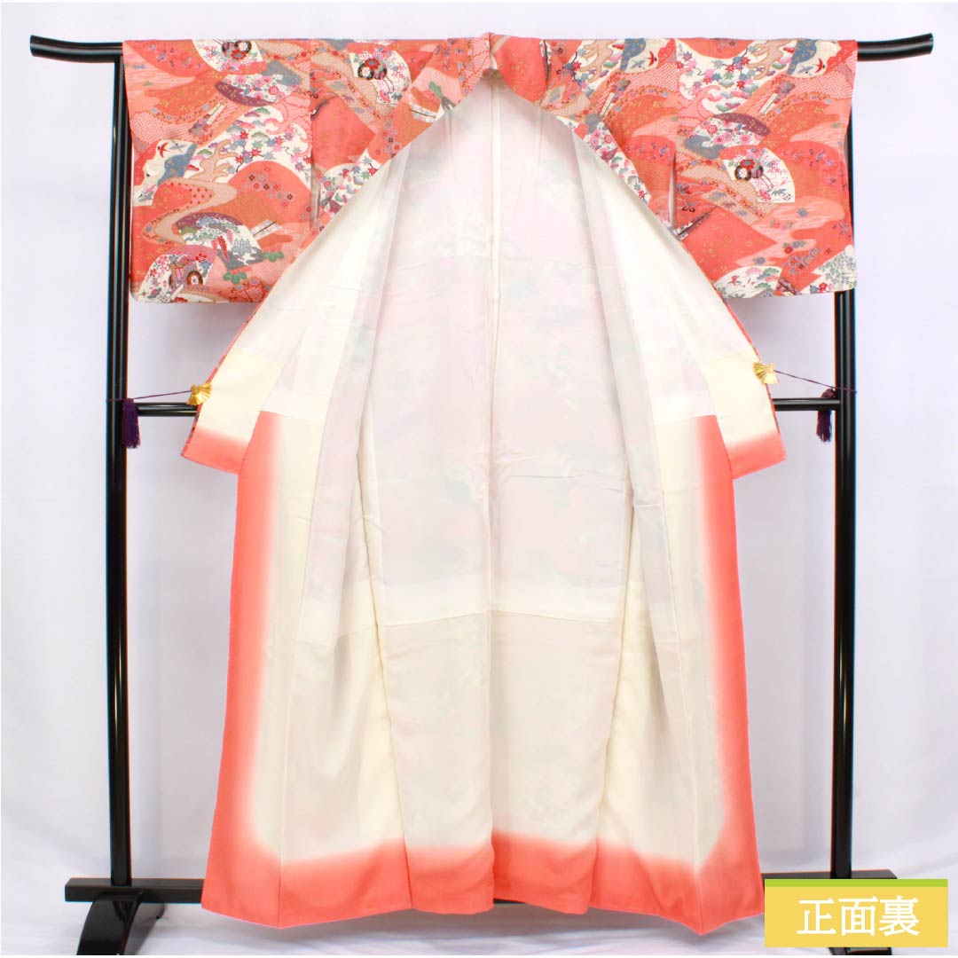 Komon silk kimono, S rank, length 159cm, sleeve length 66.5cm, lined, medium crimson (nakabeniiro) and scarlet (hiiro) with a fan-shaped classic pattern, red tones, product number 1115006672312