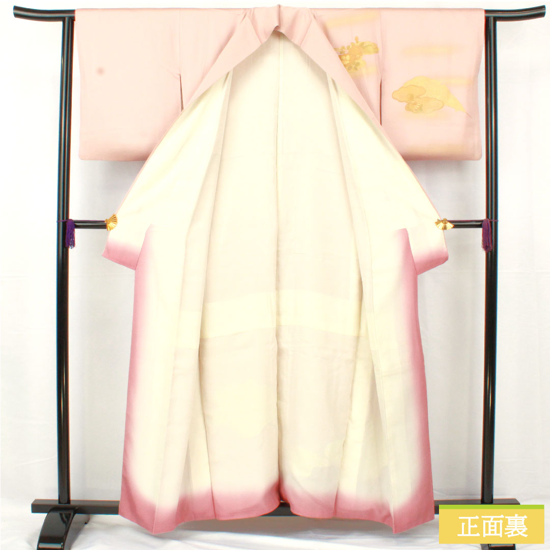訪問着 正絹 袷 身丈156.5cm 裄丈62.5cm 今様色(いまよういろ) 京友禅 汕頭刺繡 花車 Sランク ピンク系 1112004942313