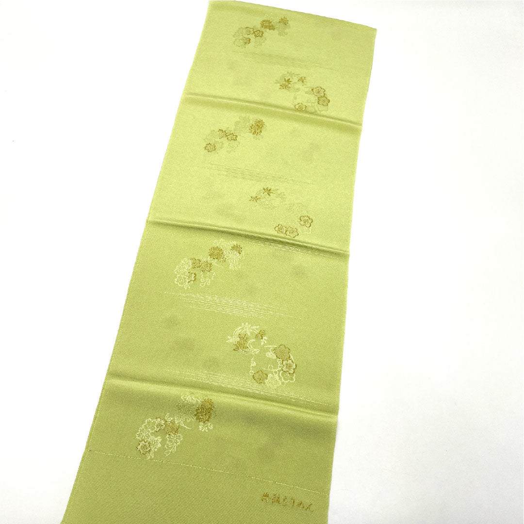 (新古品)帯揚げ 正絹 NEWランク セミフォーマル 若芽色(わかめいろ) 丹後ちりめん 花柄 刺繍 長さ約172cm 幅約28.5cm 緑系 1136001251919