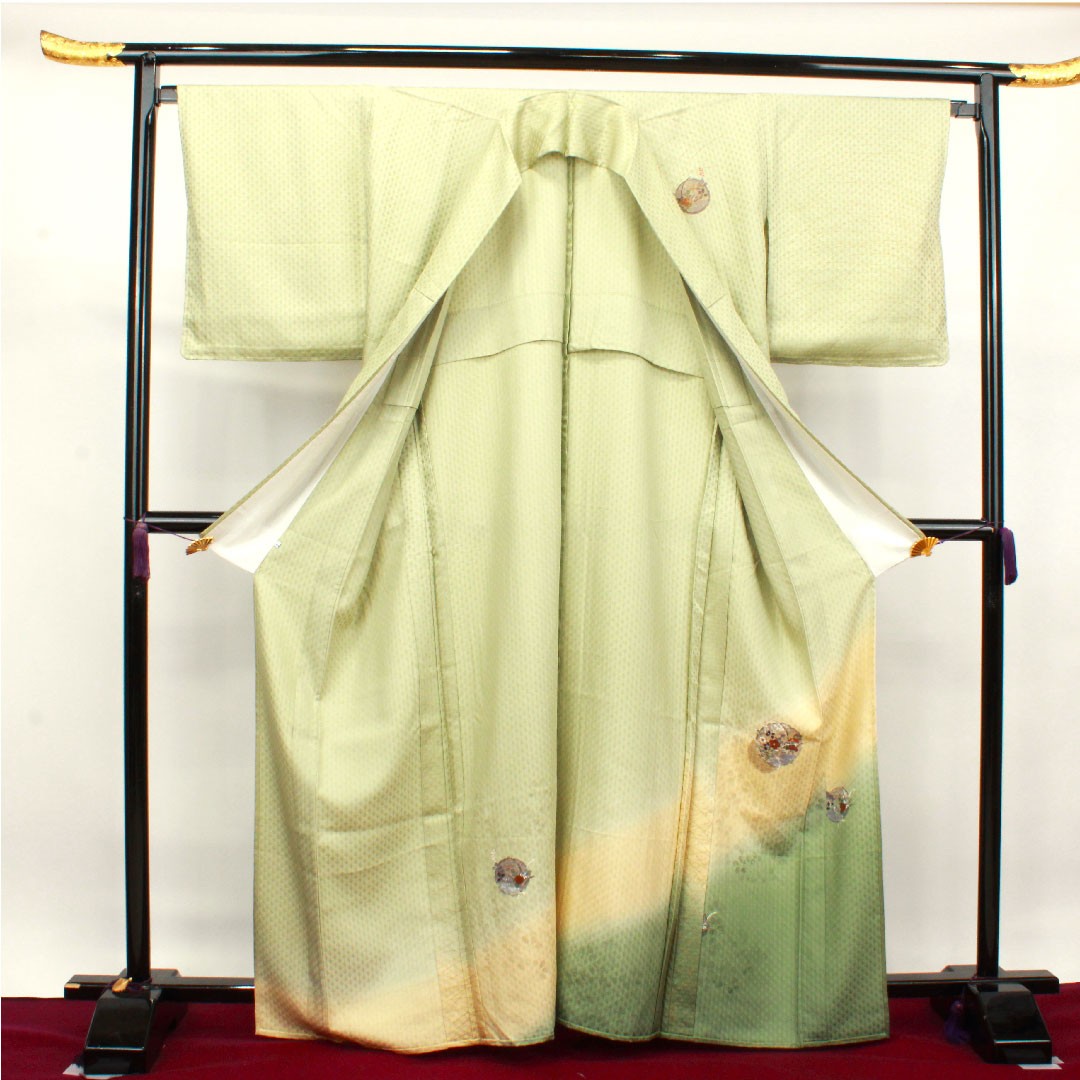 訪問着 正絹 単衣 身丈165.5cm 裄丈67cm 薄柳色 刺繡 萩 しつけ糸付き 未使用品 パールトーン加工 Sランク 緑系 1112003272519