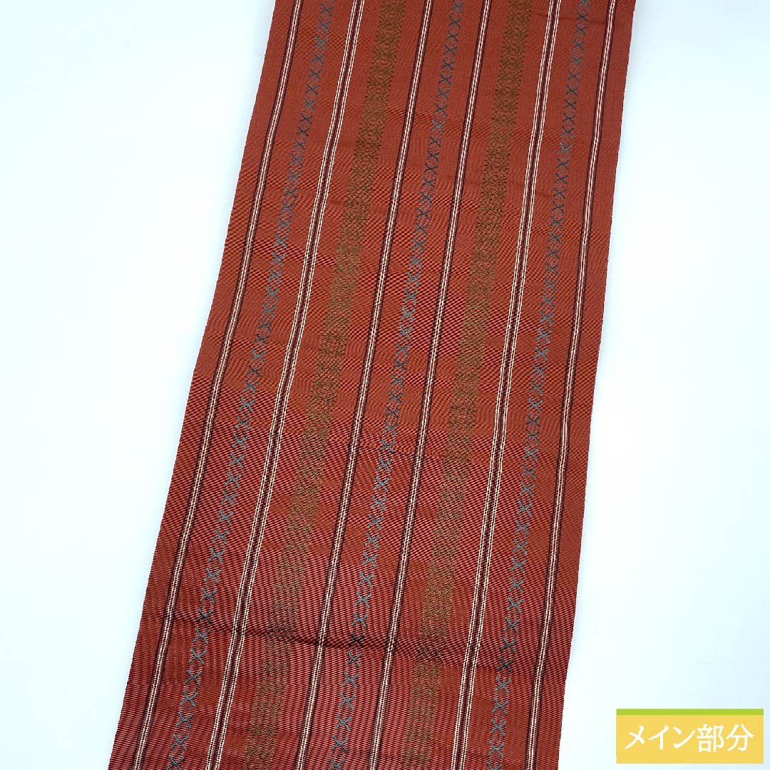 名古屋帯 海老赤色 博多織 献上柄 博多帯 帯丈363cm 正絹 Sランク 全通 カジュアル 茶系 1124005832314 名古屋仕立て
