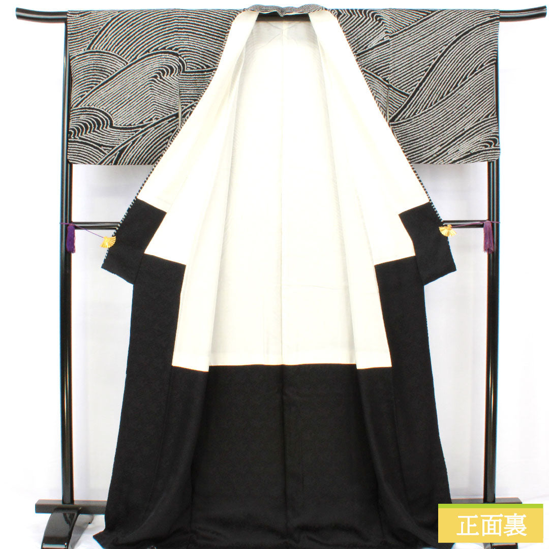 小紋 正絹 身丈171cm 裄丈67.5cm 袷 総絞り 波 Bランク 黒系 1115004724610