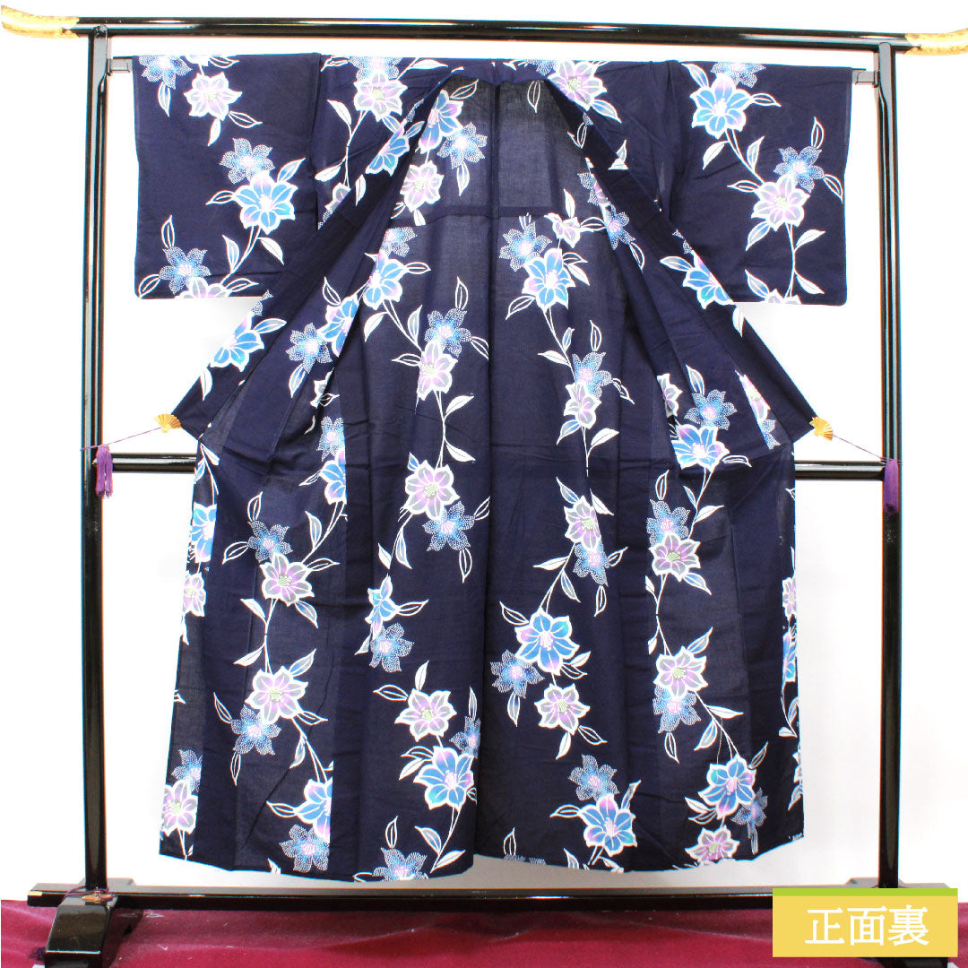 浴衣 木綿 身丈153.5cm 裄丈67.5cm Sランク 単衣 紺系 濃紺色(のうこんいろ) 山茶花 1118004802218