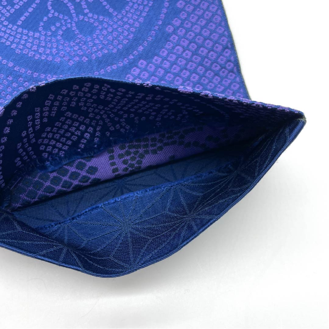(未仕立)半幅帯 ポリエステル 帯丈342cm 紺青色(こんじょういろ) 竜胆色(りんどういろ) 丸に扇 植物模様 麻の葉 リバーシブル 紫系 Sランク 1125001622320