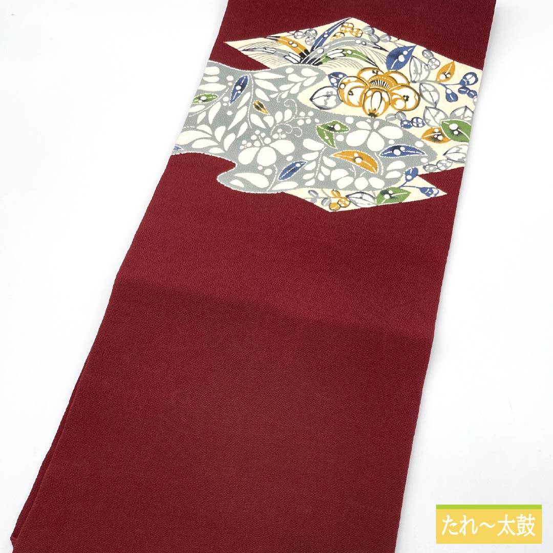 名古屋帯 海老色(えびいろ) ちりめん地 辻ヶ花 帯丈366cm 正絹 Sランク ポイント柄 カジュアル 朱系 1124007482316 名古屋仕立て