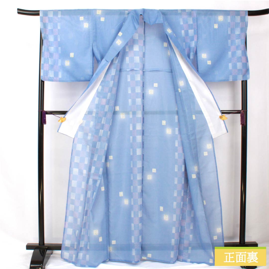 夏物 ポリエステル 小紋 身丈165cm 裄丈67.5cm 紺藤色(こんふじいろ) 市松模様 洗える着物 絽 Aランク 青系 1132002183517