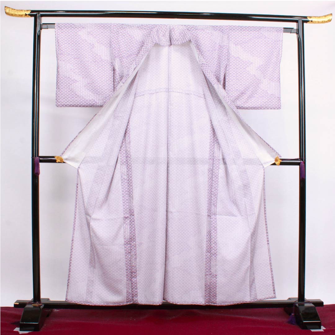 Summer polyester komon, length 157cm, sleeve length 62.5cm, half-color (hashitairo), Seigaiha, silk, S rank, purple, 1132000282320