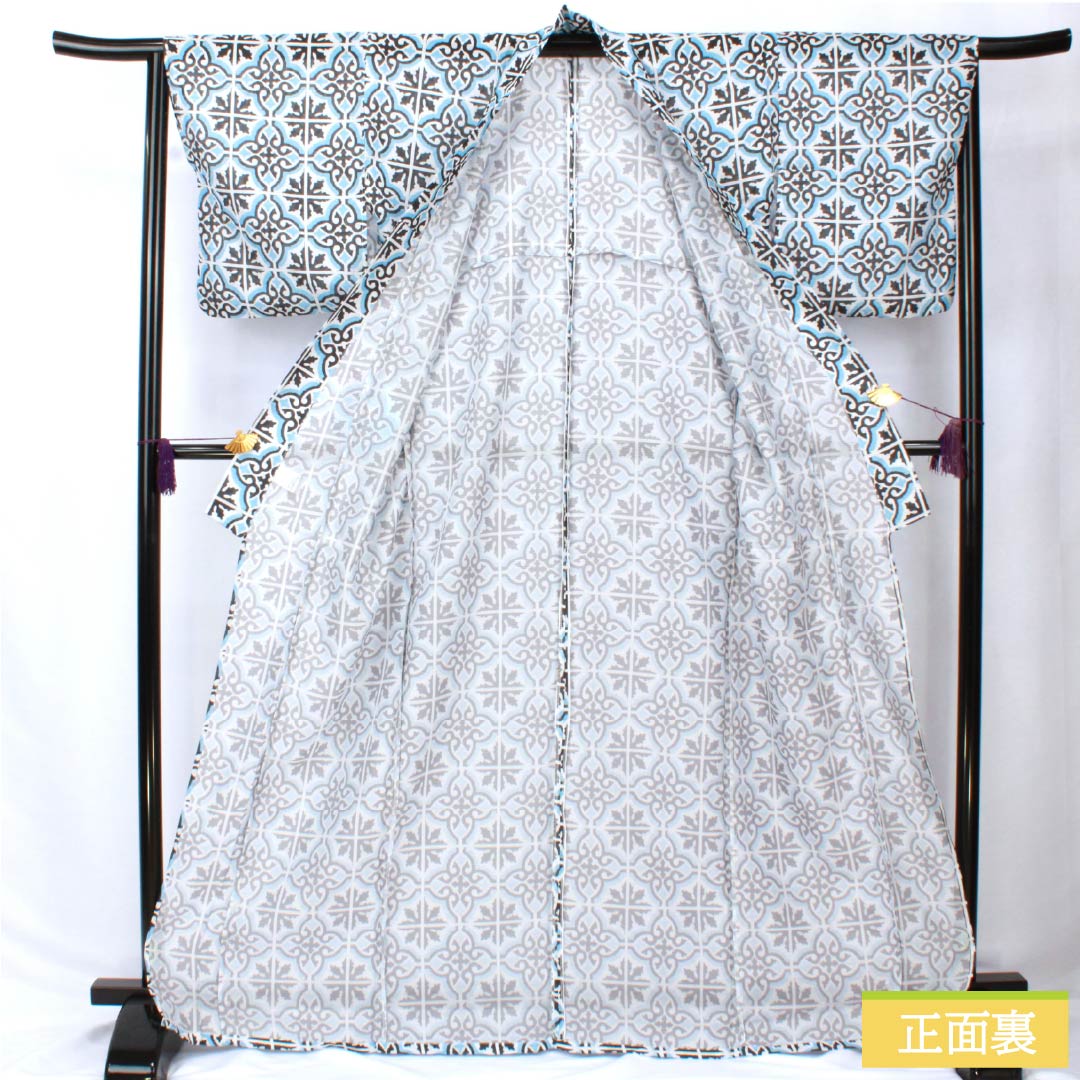 (Brand new, unused) Yukata (single-layer kimono) made of polyester, length 167cm, sleeve length 64.5cm. New rank. Light blue (sky blue) with geometric, tile, and damask patterns. Product number: 1118005711524
