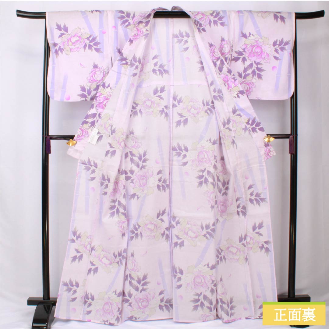 浴衣 木綿 身丈166cm 裄丈67.5cm Aランク 単衣 紫系 淡藤色(うすふじいろ) 牡丹 竹 1118006053520