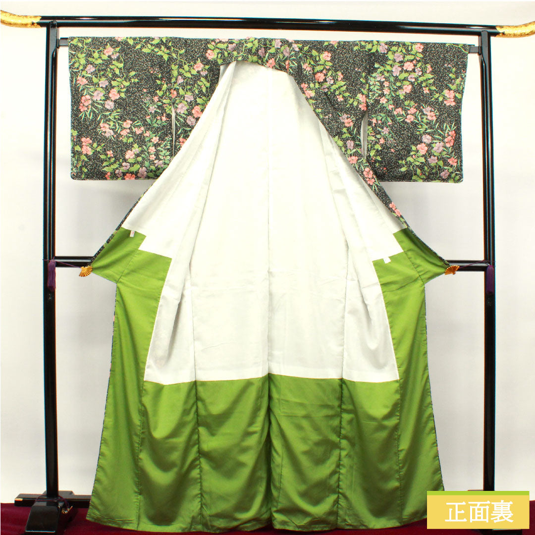 Small pattern, polyester, length 166cm, sleeve length 67cm, lined, washable kimono, floral pattern, taped dyeing, with basting thread, S rank, black, 1115003982510
