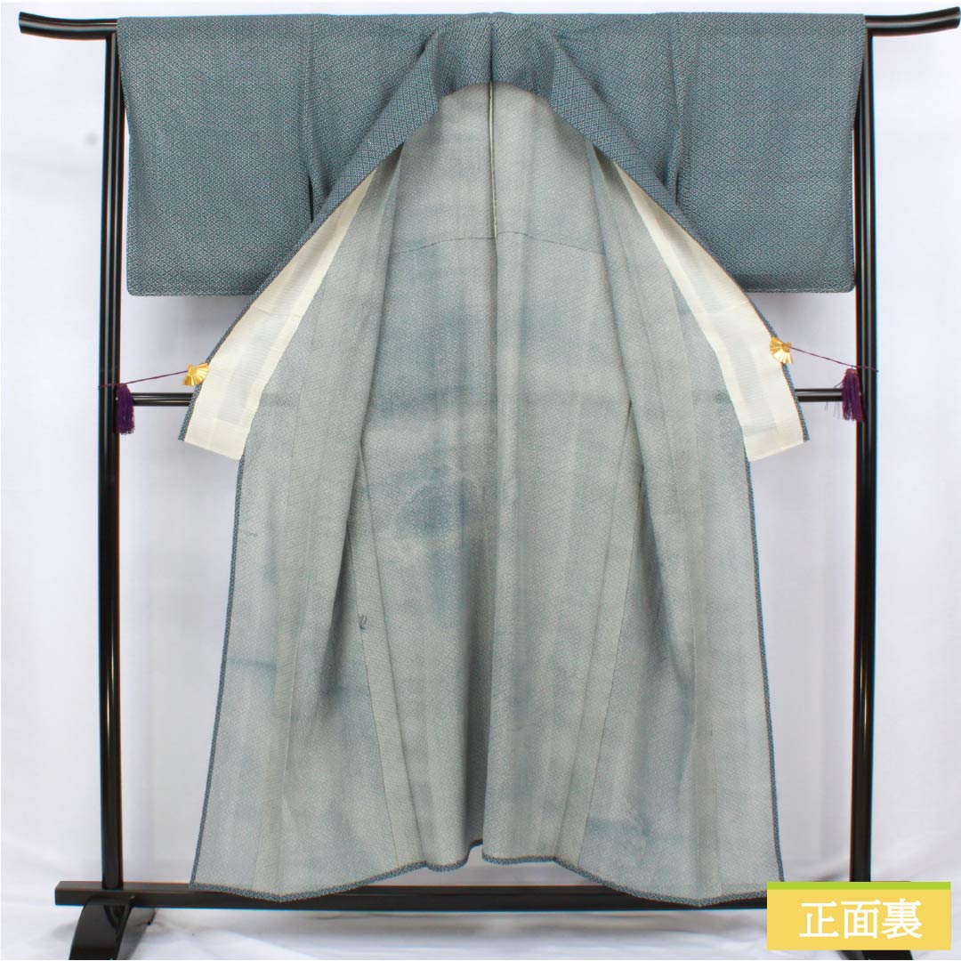 Summer Pure Silk Komon Kimono, Length 152.5cm, Sleeve Length 65.5cm, Indigo Iron (Aite-iro) Color, Edo Komon Pattern, Stencil Dyed, Abstract Pattern, Ro, Rank B, Blue, Product Code: 1132002774217