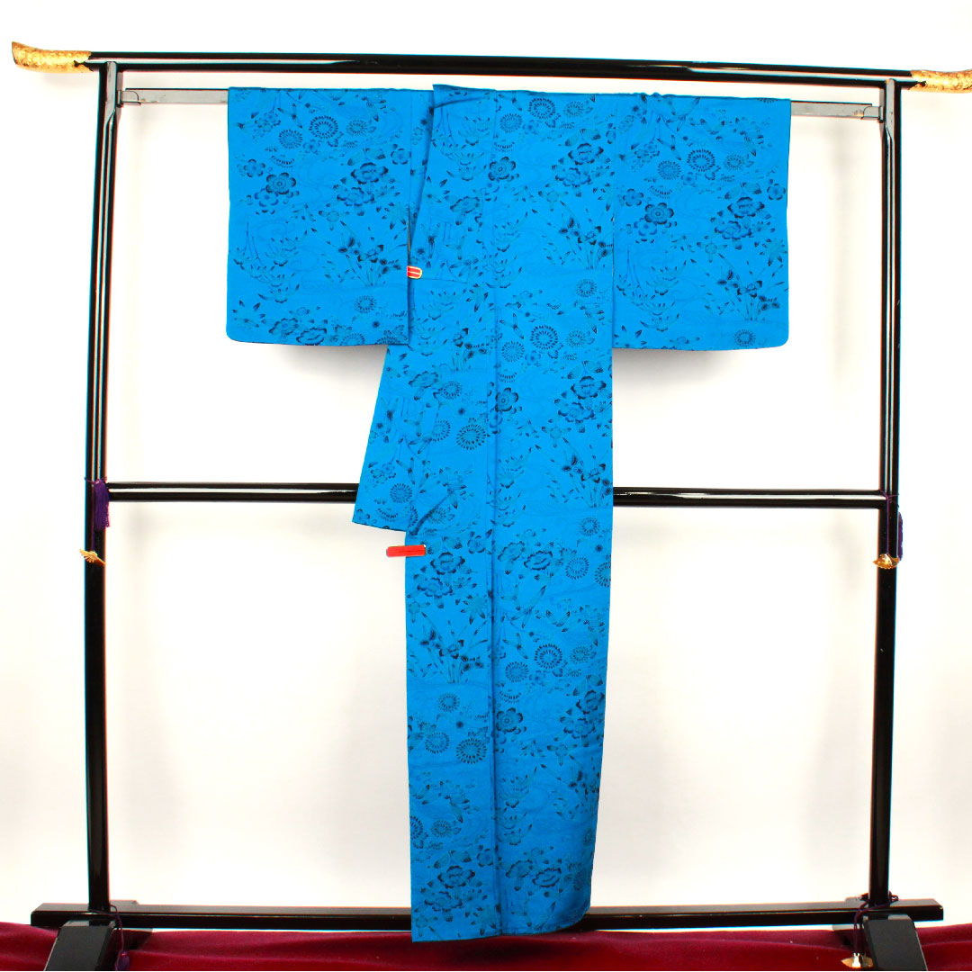 小紋 身丈155cm 裄丈64.5cm 袷 紺碧色 京紅型 草花模様 正絹 Sランク 青系 1115002182317