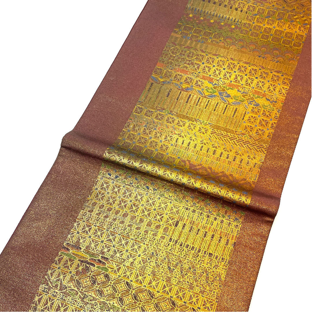 袋帯 七宝 麻の葉 染め帯 帯丈446cm 正絹 Sランク 全通 セミフォーマル 茶系 1123003392314