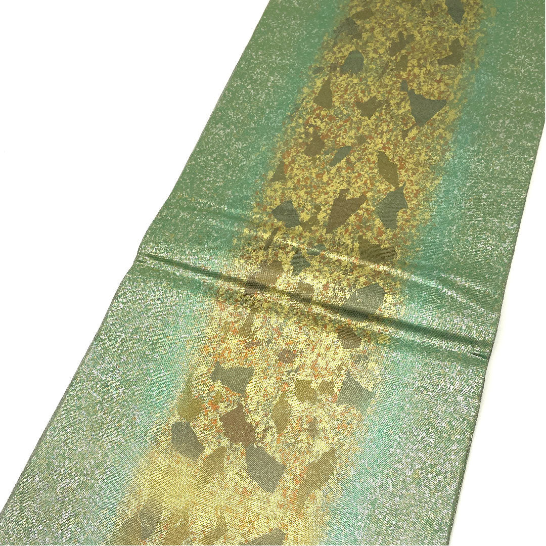 袋帯 引箔 抽象模様 帯丈442cm 正絹 Aランク 六通 セミフォーマル 緑系 1123004663319
