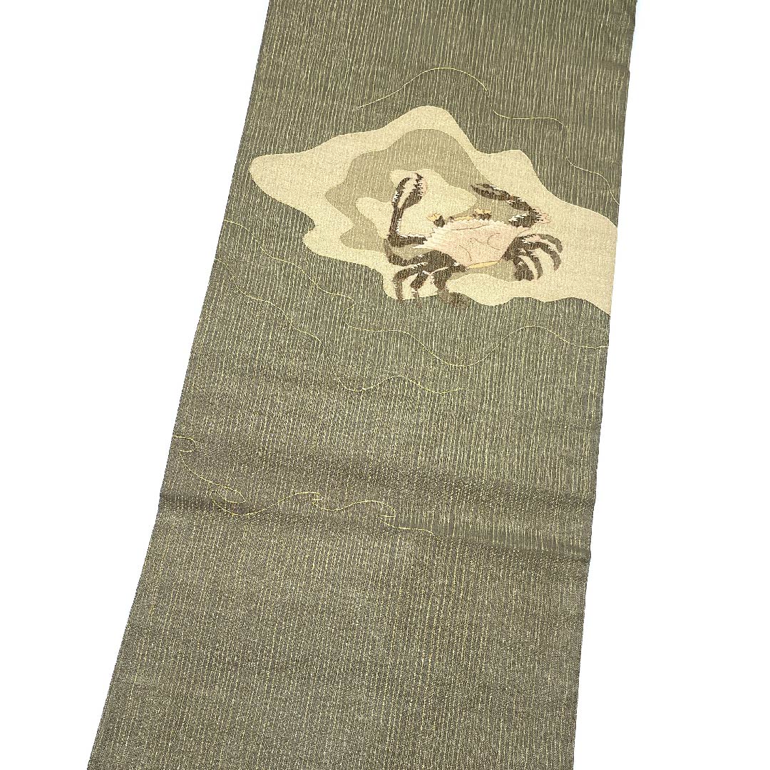 名古屋帯 消炭鼠色 カニ柄 帯丈375cm 正絹 Sランク ポイント柄 セミフォーマル グレー系 1124005062322 名古屋仕立て