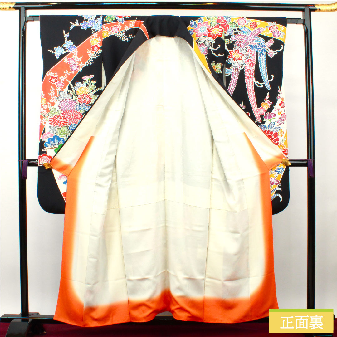 振袖 正絹 身丈157cm 裄丈63cm 袷 京紅型 草花模様 Sランク 黒系 1113001862310