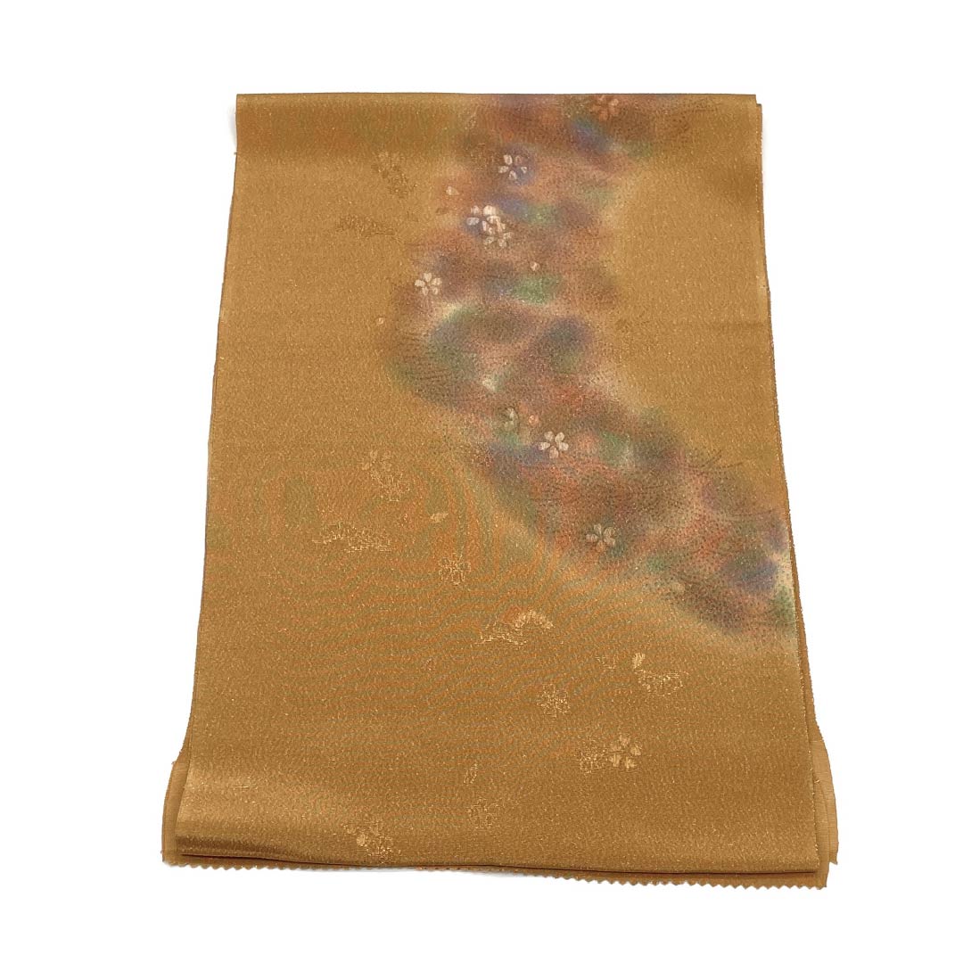 帯揚げ 正絹 フォーマル 遠州茶色(えんしゅうちゃいろ) 金通し 桜 花柄 長さ約172cm 幅約30cm Sランク 茶系 1136000422914