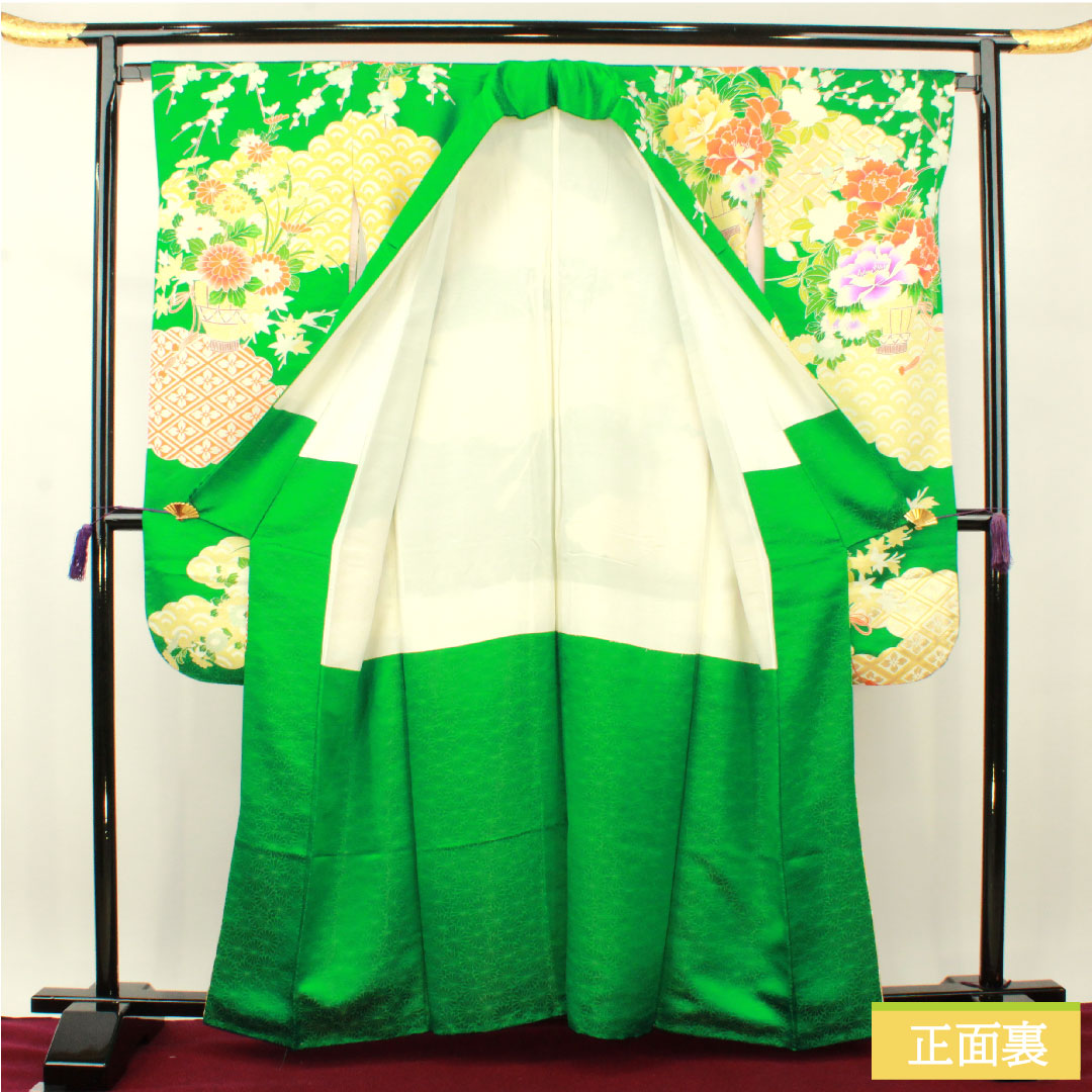 振袖 正絹 身丈161.5cm 裄丈65cm 袷 濡葉色 京友禅 吉祥文様 Aランク 緑系 1113001973419