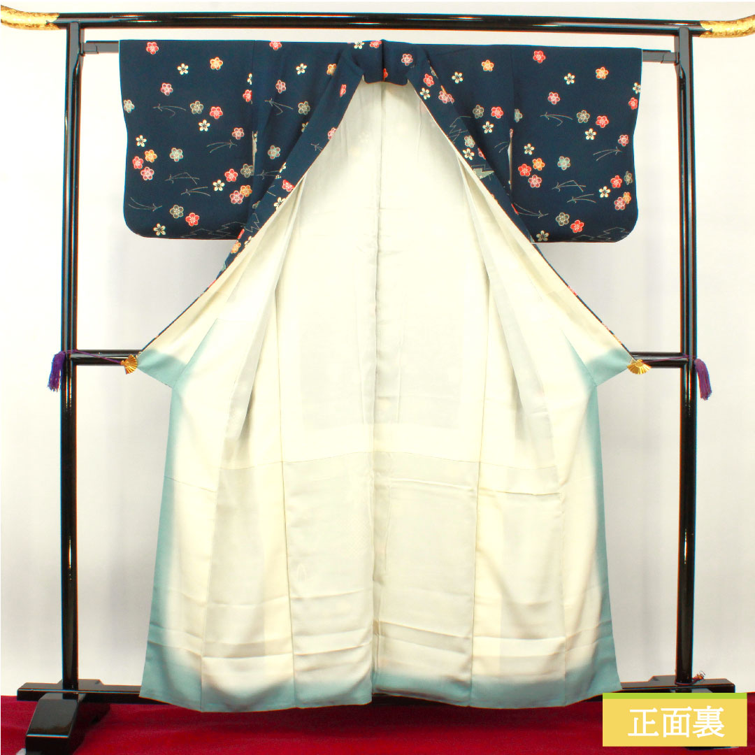 Homongi, pure silk, lined, length 158.5cm, sleeve length 62cm, dark blue, small pattern, tsukesage, Kyoto Bingata, A rank, navy blue, 1112003783318