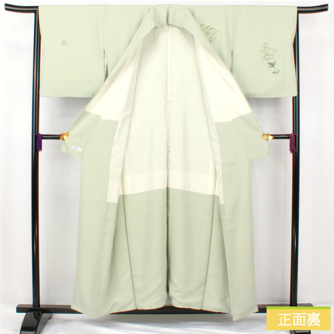 訪問着 正絹 袷 身丈155cm 裄丈65cm 白緑色(びゃくろくいろ) 草花模様 スコッチガード 付下げ Aランク 水色系 1112005453324