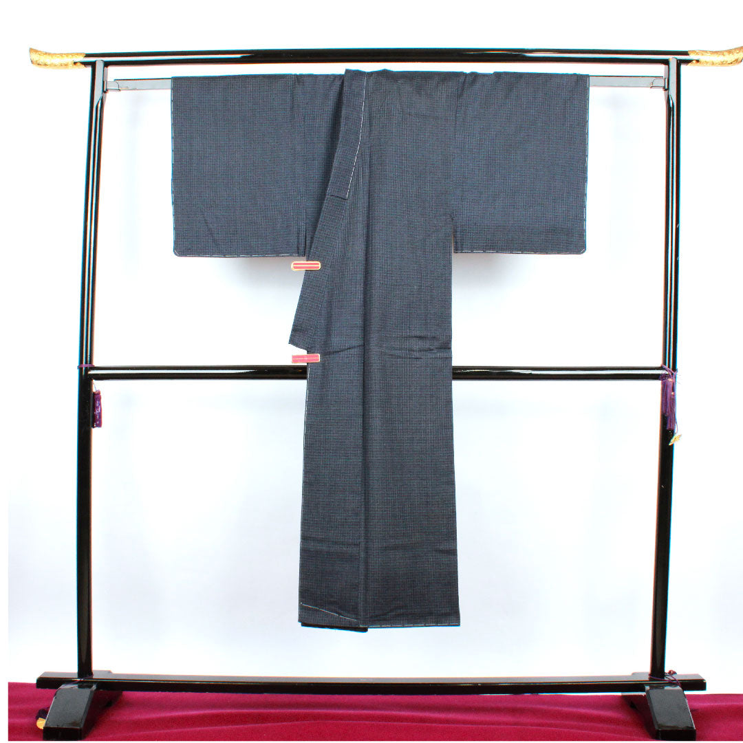 男物 身丈137.5cm 裄丈66.5cm 格子 正絹 Sランク 袷 紺系 1119000422318