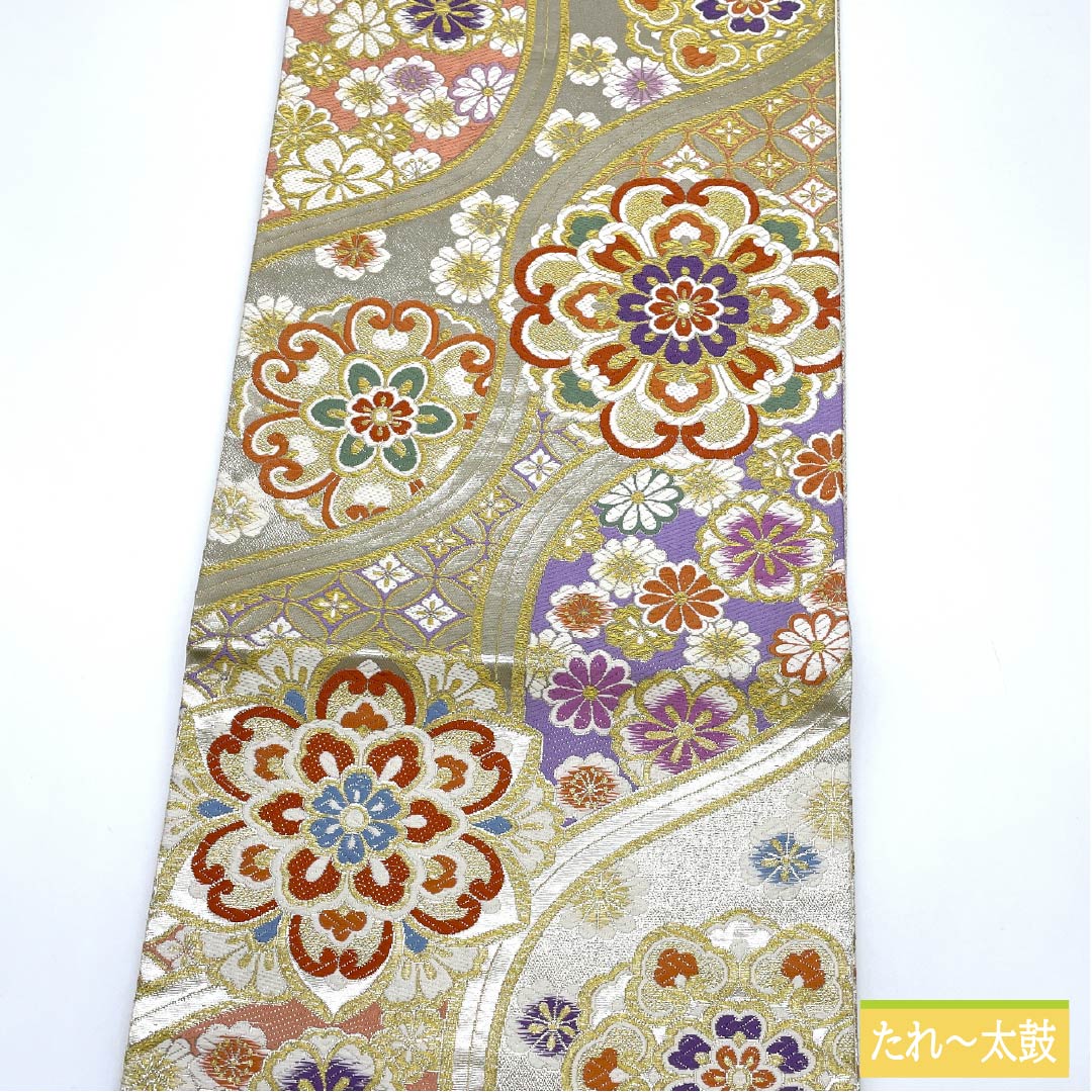 袋帯 正絹 生成り色(きなりいろ) 華文 七宝 桜 菊 帯丈444cm Aランク 六通 フォーマル 銀系 1123012103322