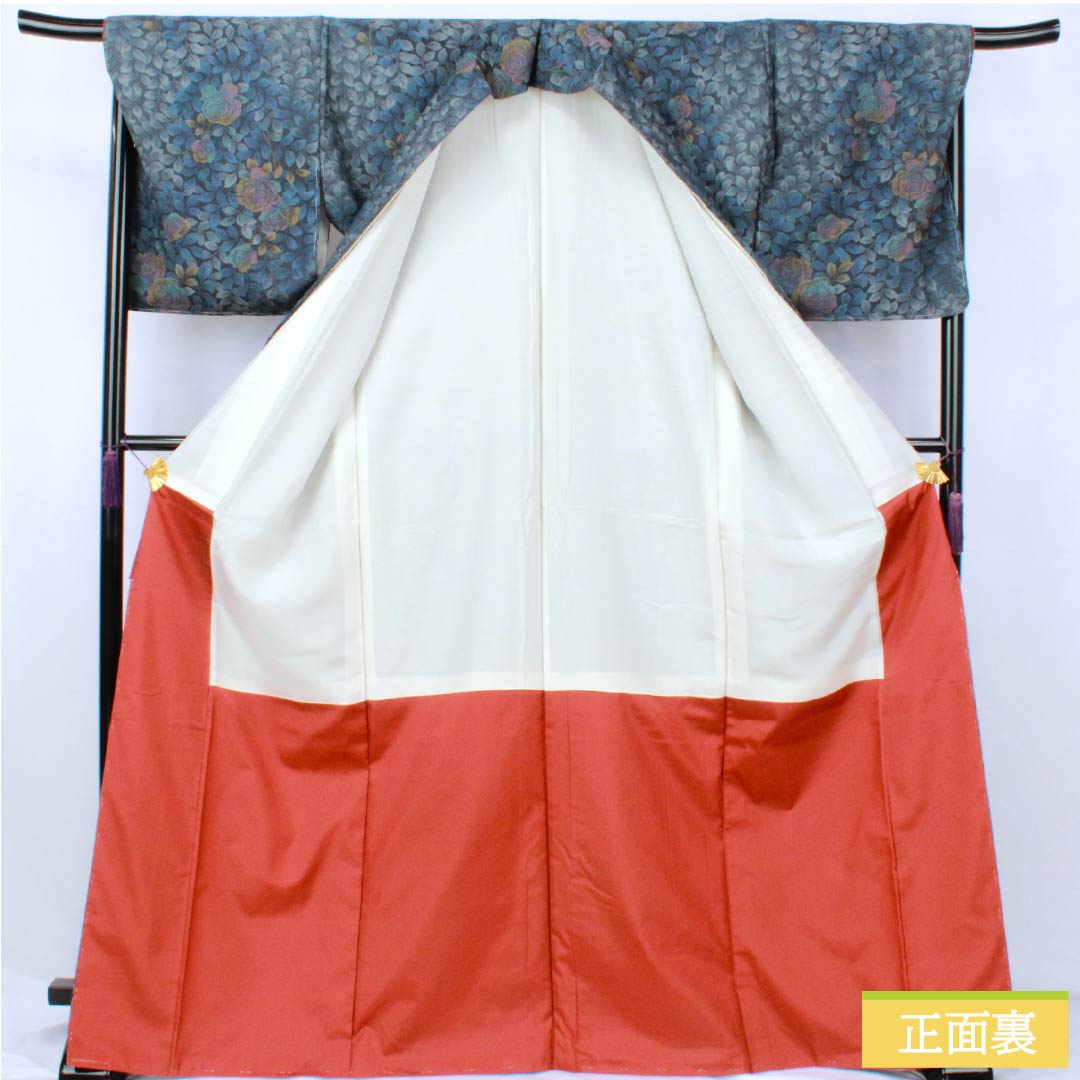 紬 正絹 Aランク 身丈171.5cm 裄丈68cm 濃紺色(のうこんいろ) 薔薇 葉 しつけ糸付き 袷 紺系 1116004373618