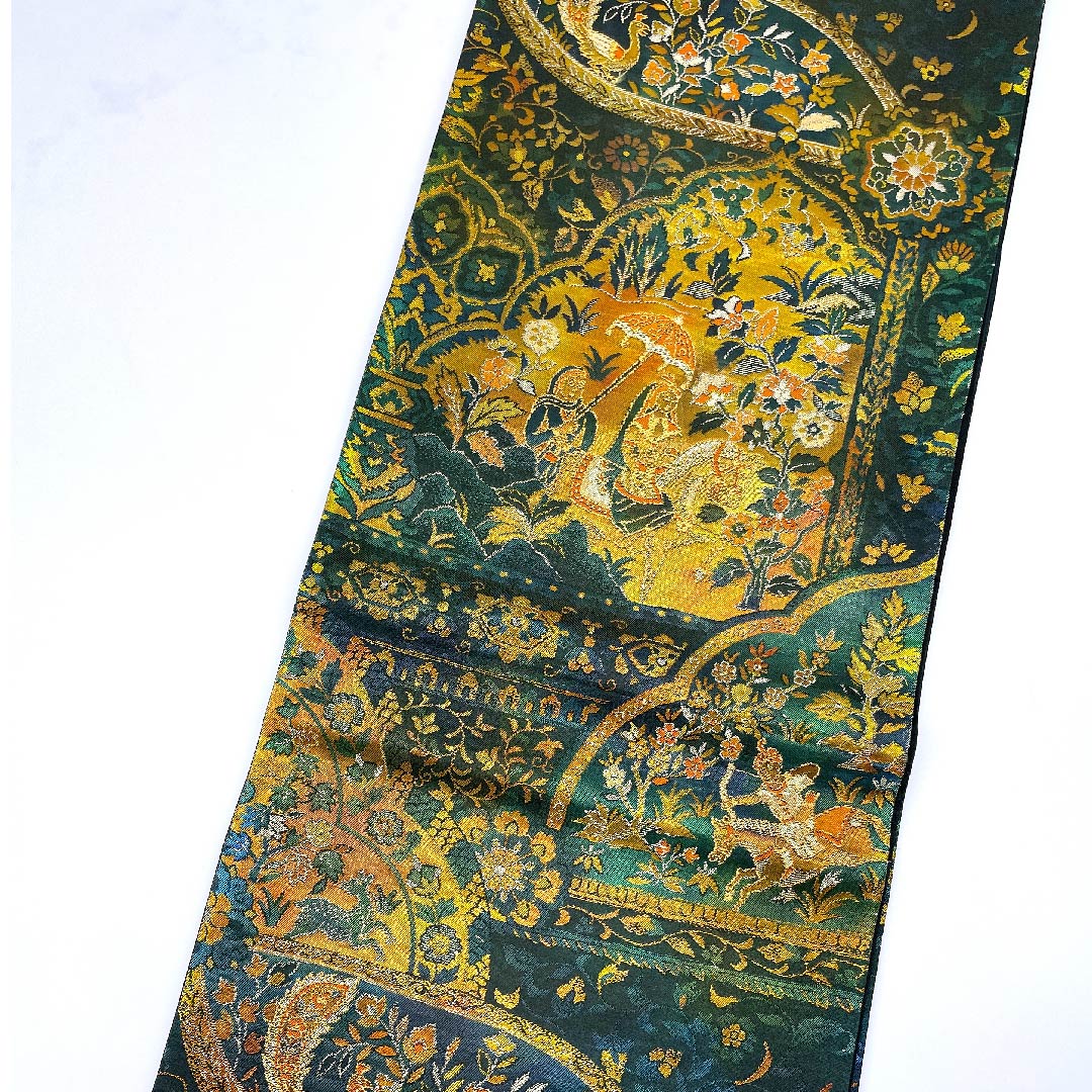 袋帯 ペルシャ模様 玉虫色 帯丈417cm 正絹 Sランク 六通 セミフォーマル 緑系 1123008432319