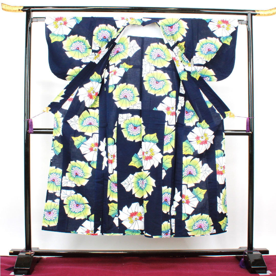 浴衣 濃紺色 抽象模様 木綿 Sランク 単衣 身丈147.5cm 裄丈64cm 紺系 1118002482118