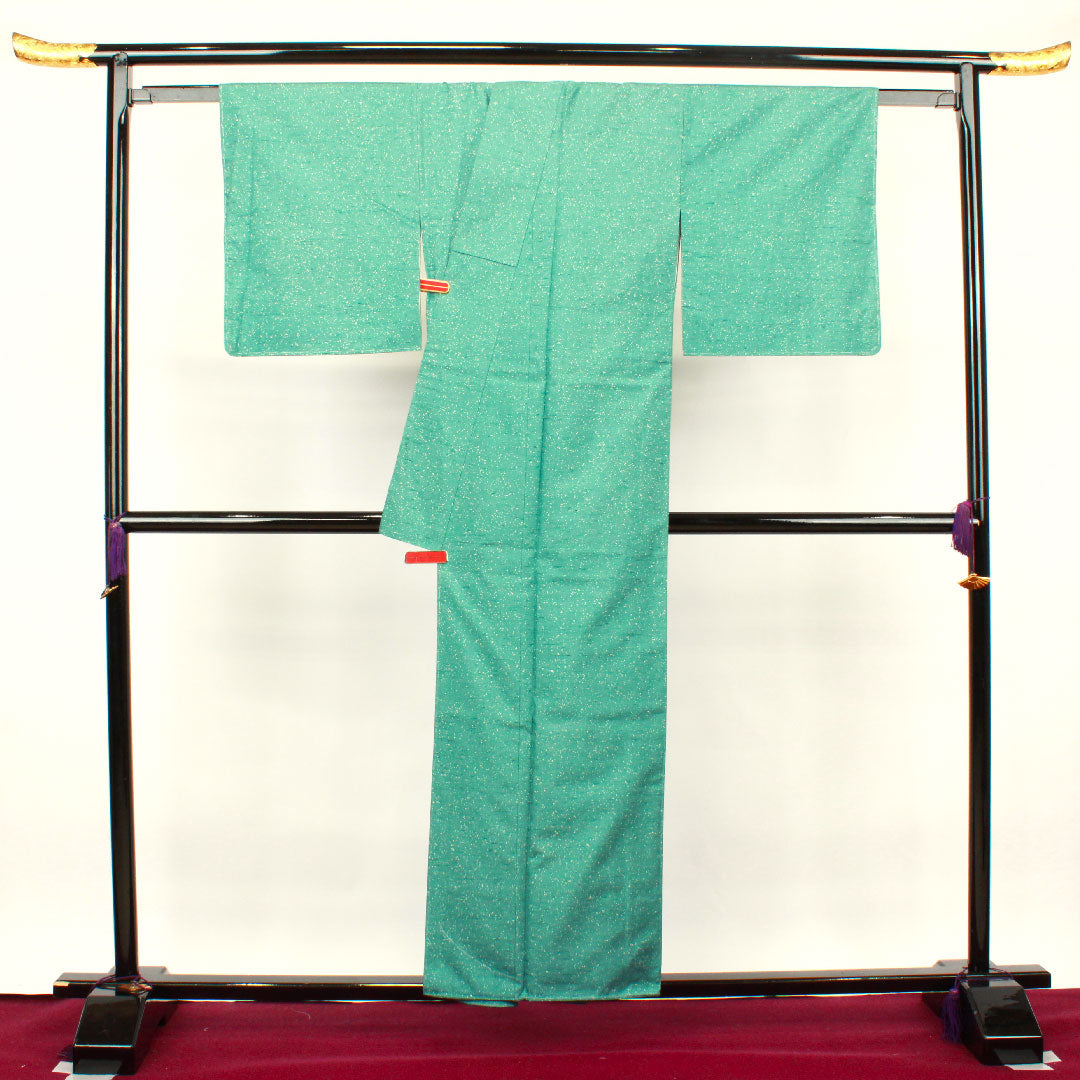 牛首紬 身丈155.5cm 裄丈65.5cm 未使用品 しつけ糸付き 山藍摺色 タタキ染 丸に木瓜 正絹 Sランク 袷 緑系 1116002232319