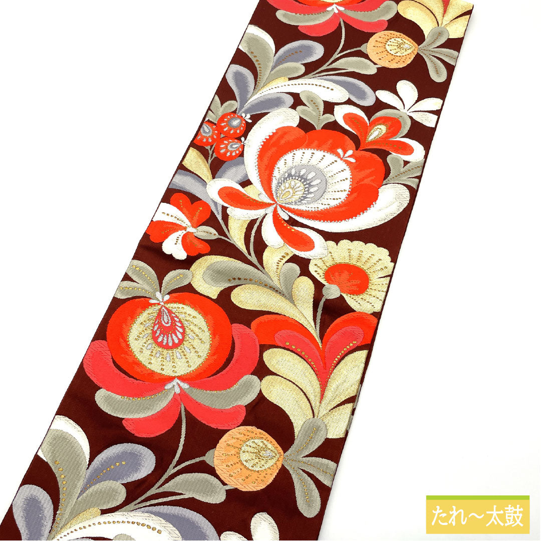 袋帯 正絹 Aランク 褐色色(かっしょくいろ) 西陣織 抽象花 帯丈428cm 六通 セミフォーマル 茶系 1123016163314