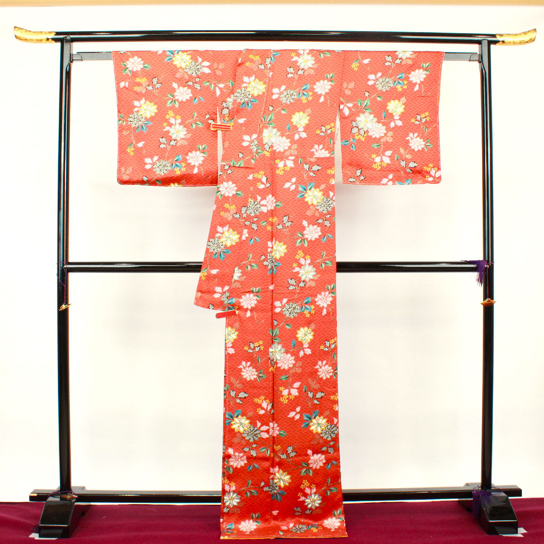 小紋 身丈175cm 裄丈65cm 袷 しつけ糸付き 銀朱色 草花模様 正絹 Sランク 朱系 1115002772816