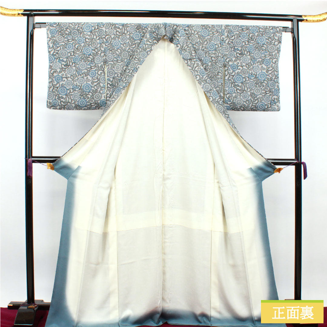 小紋 正絹 身丈172cm 裄丈64cm 袷 白銅色 京紅型 菊 Sランク グレー系 1115003572622