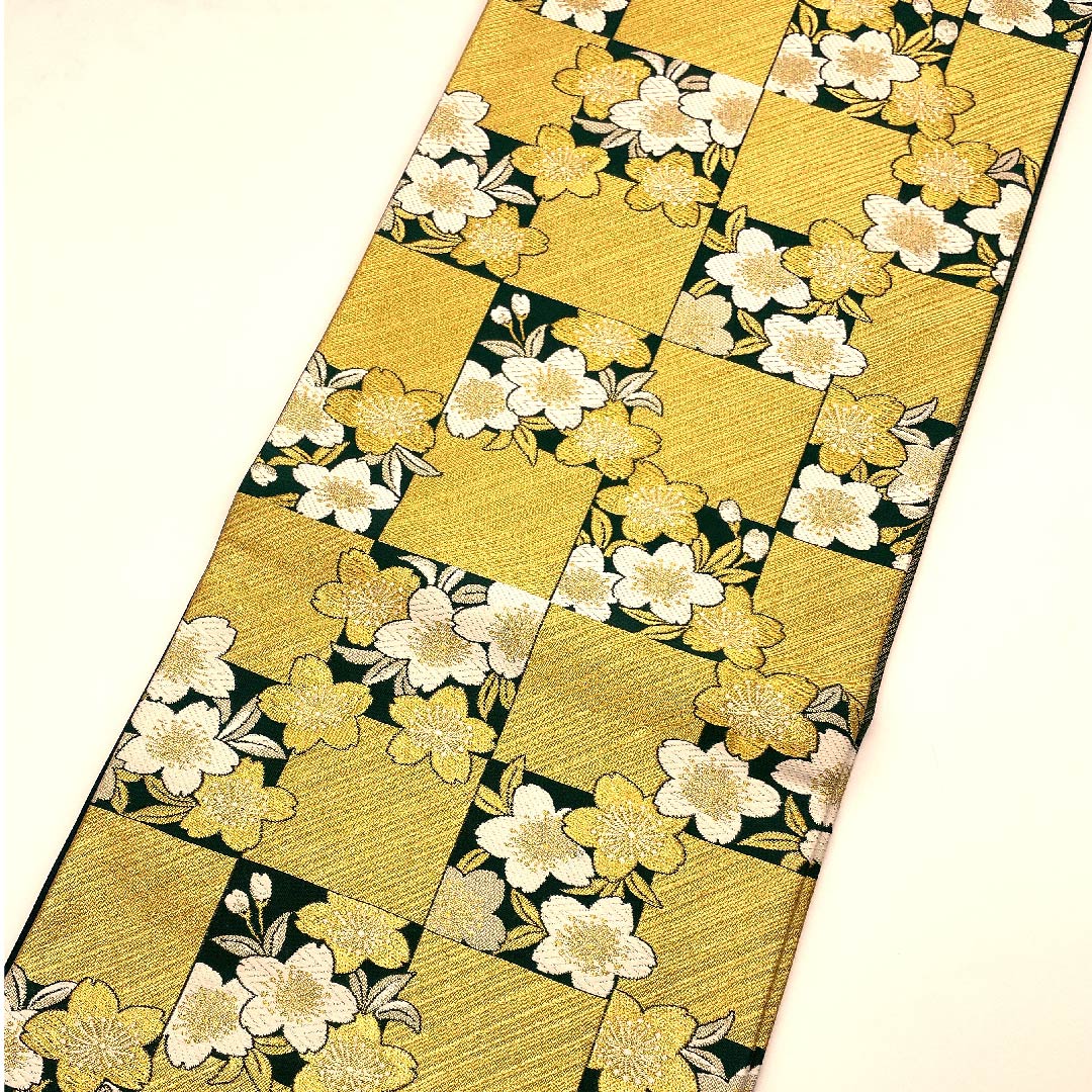 袋帯 琉璃色(リューリースーいろ 桜 市松 帯丈456cm 正絹 Aランク 六通 フォーマル 金系 1123007153421