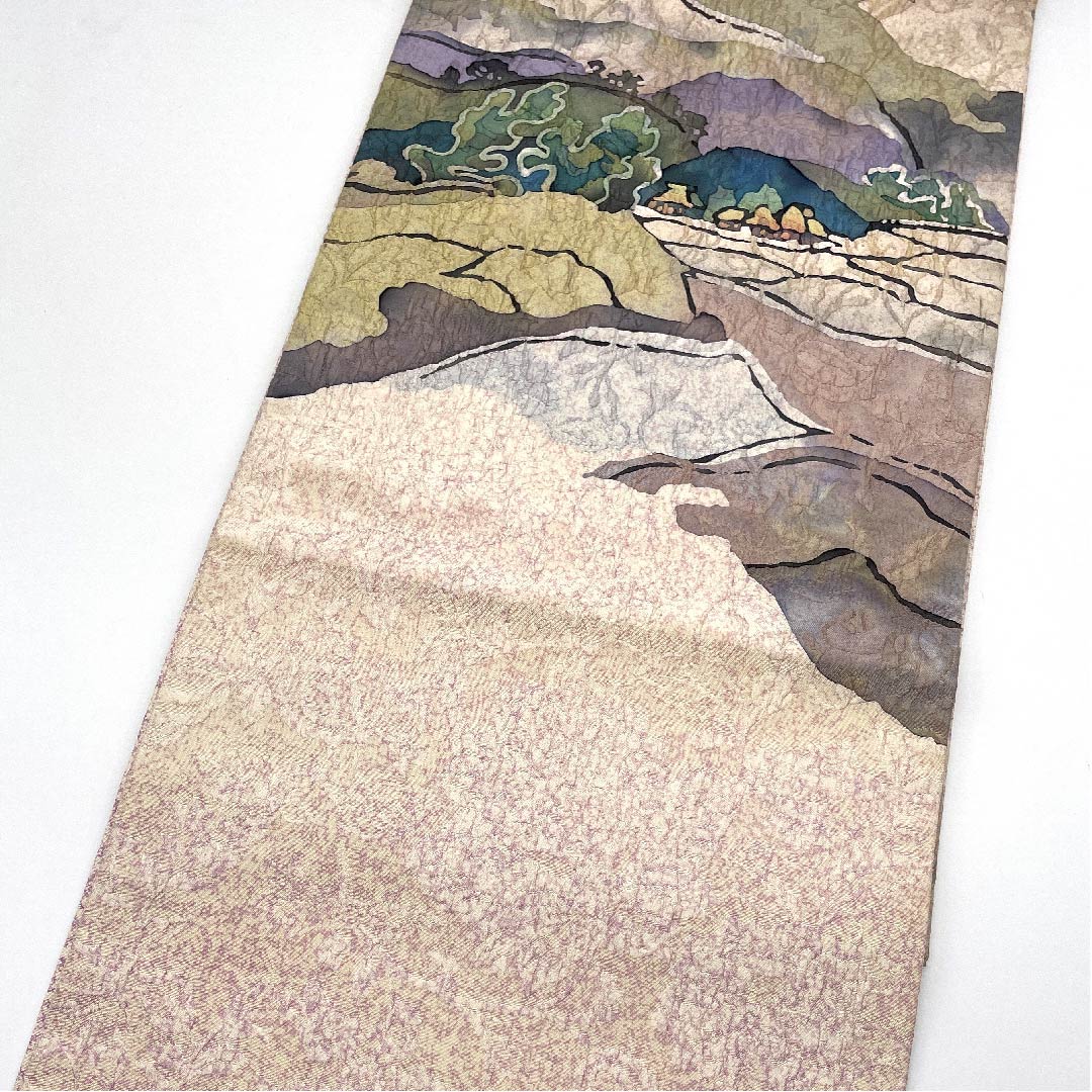 袋帯 薄桜色(うすざくらいろ) 風景画 染め帯 帯丈440.5cm 正絹 Bランク 六通 カジュアル ピンク系 1123005554313
