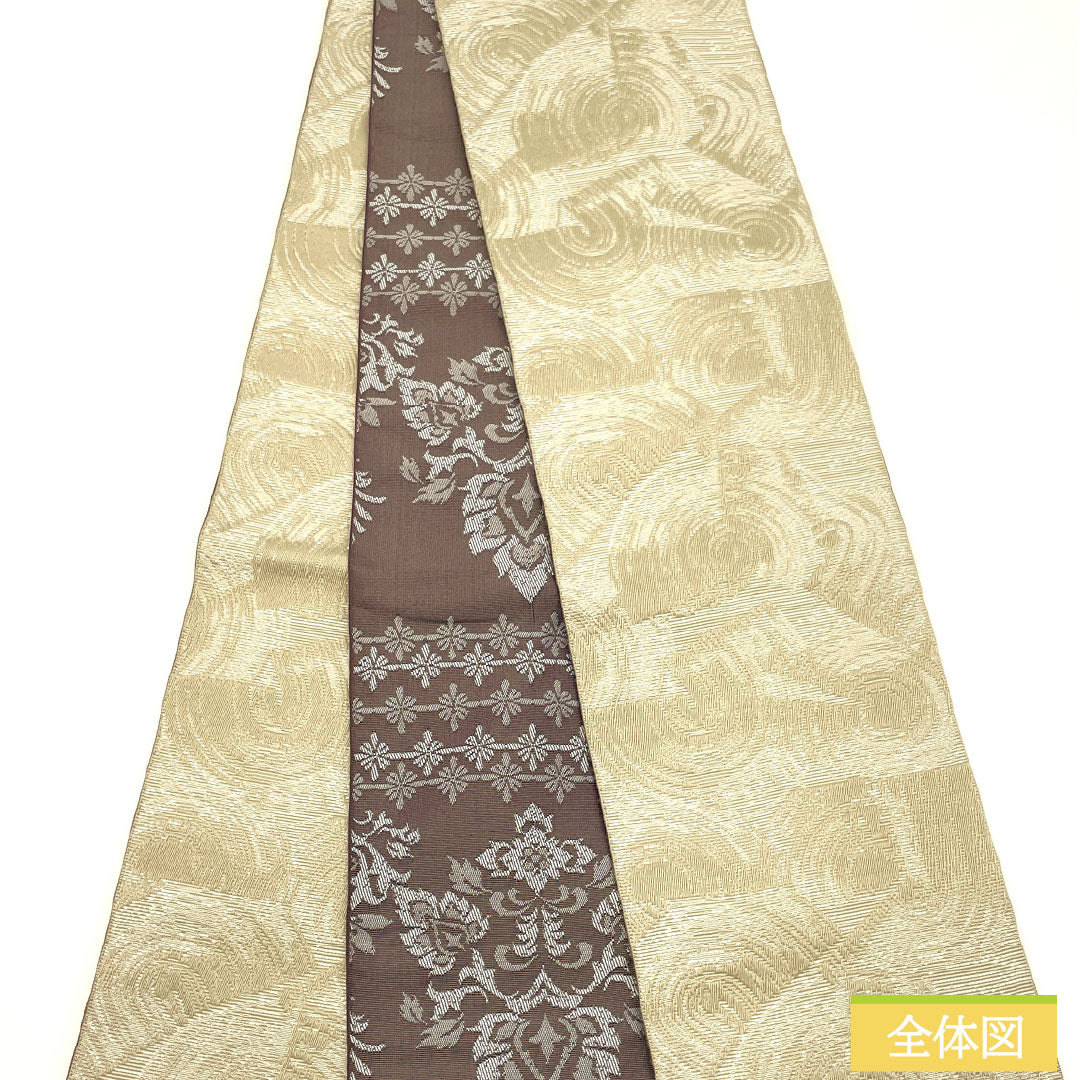 (新品)半幅帯 ポリエステル NEWランク 白橡色(しろつるばみいろ) 幾何学模様 円 抽象花模様 リバーシブル 帯丈400cm ベージュ系 1125002621425