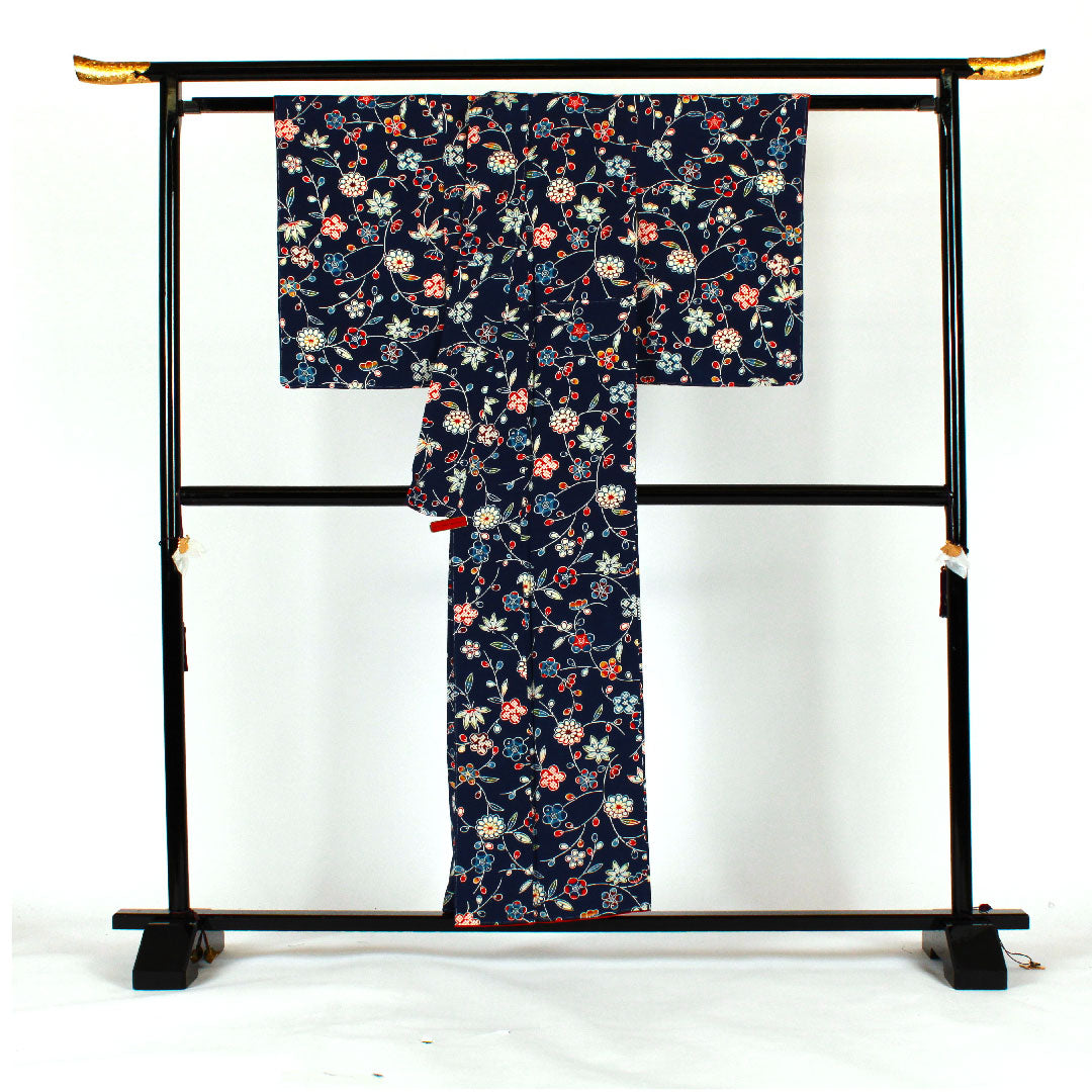 小紋 身丈155cm 裄丈62cm 袷 京紅型 松竹梅 花模様 正絹 Sランク 紺系 1115001202318