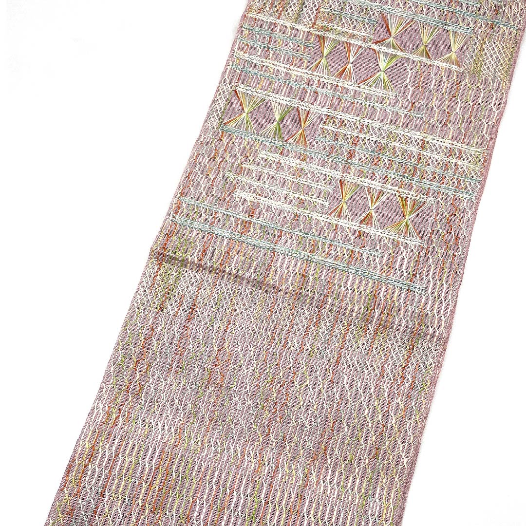 名古屋帯 御所染色 夏帯 紗 抽象模様 帯丈354.5cm 正絹 Sランク 全通 カジュアル ピンク系 1124004282313 松葉仕立て