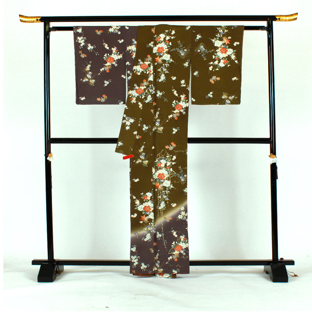 小紋 身丈164cm 裄丈67cm 袷 染め分け 草花模様 正絹 Sランク 緑系 1115001392419