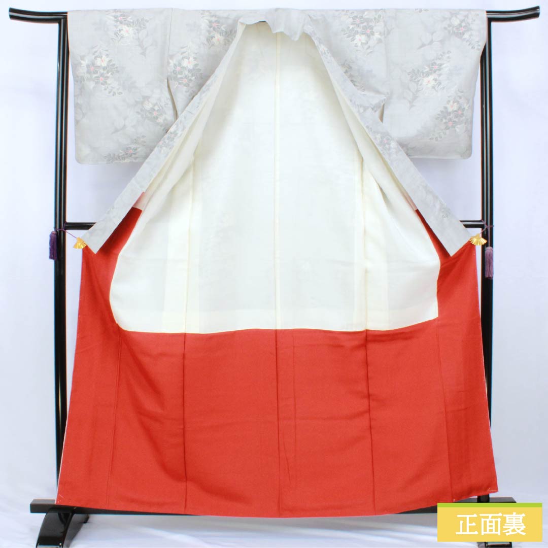 紬 正絹 Sランク 身丈161.5cm 裄丈64.5cm 白鼠色(しろねずいろ) 草花模様 袷 グレー系 1116005082422