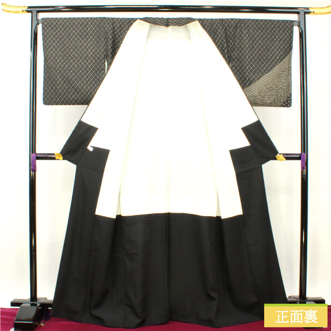Homongi, pure silk, lined, length 167.5cm, sleeve length 69.5cm, pongee fabric, dyed Oshima, geometric pattern, Kirara Guard, S rank, black, 1112003582510