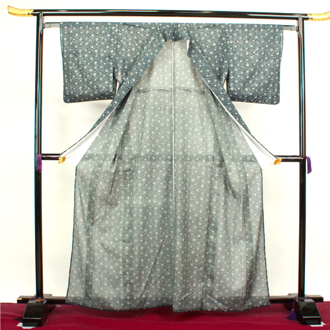 夏物 ポリエステル 小紋 身丈162.5cm 裄丈62.5cm 鉄鼠色(てつねずいろ) 抽象模様 洗える着物 絽 Sランク 黒系 1132000542410