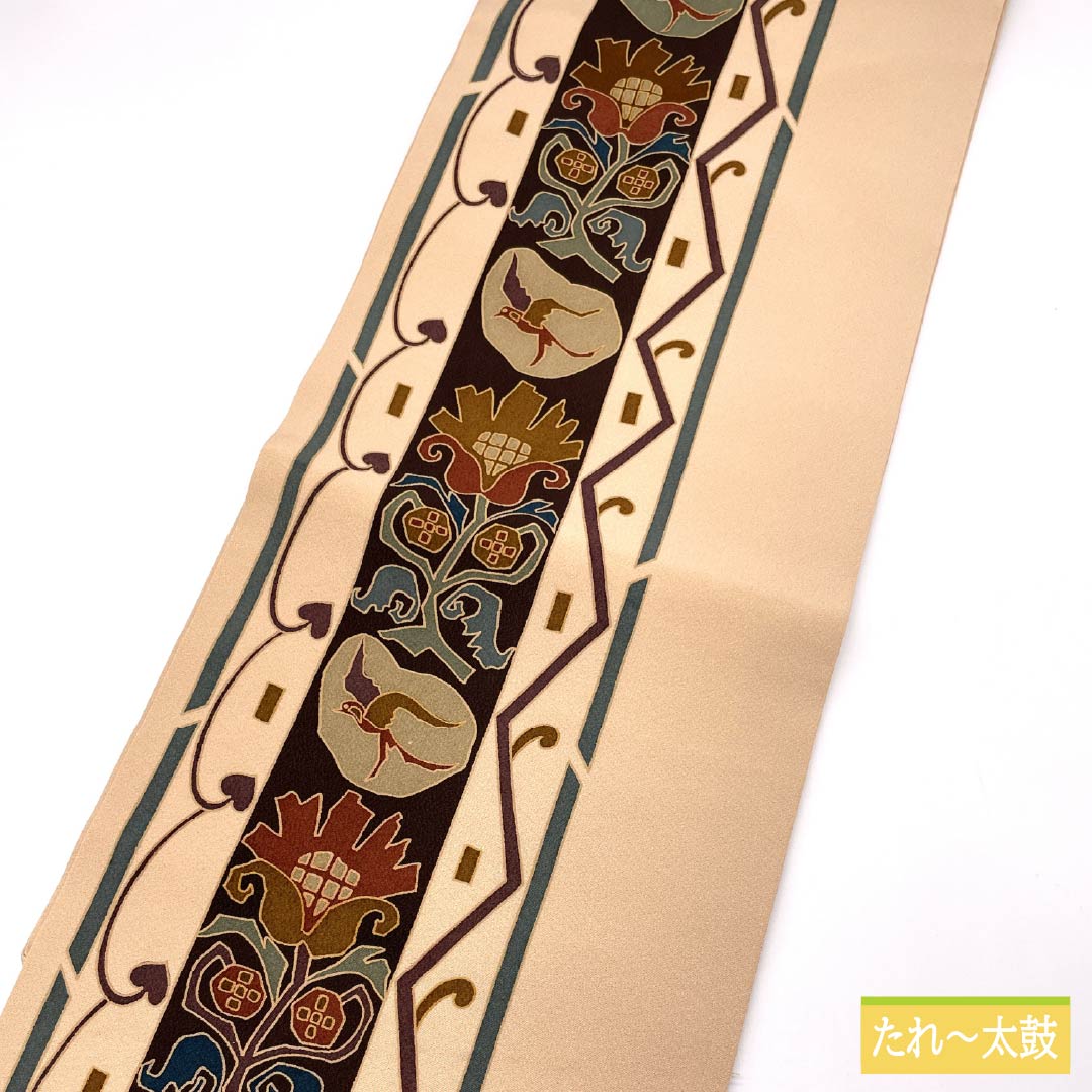 名古屋帯 翁茶色(おきなちゃいろ) 染め帯 鳥 抽象花 帯丈358cm 正絹 Sランク 全通 カジュアル ピンク系 1124008052313 名古屋仕立て