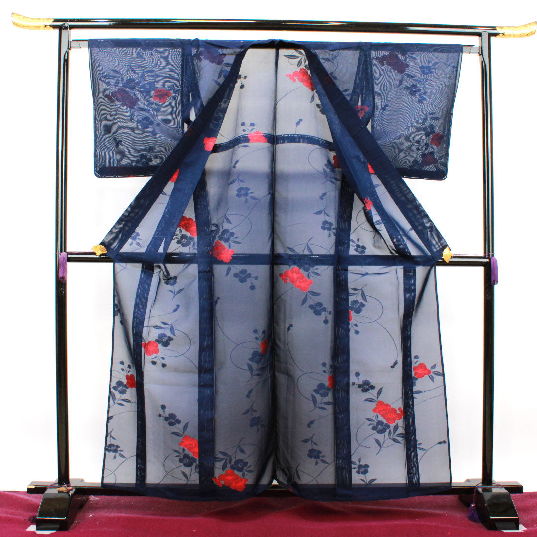 夏物 正絹 小紋 身丈161cm 裄丈64.5cm 濃紺色(のうこんいろ)椿 紗 Sランク 紺系 1132001182418