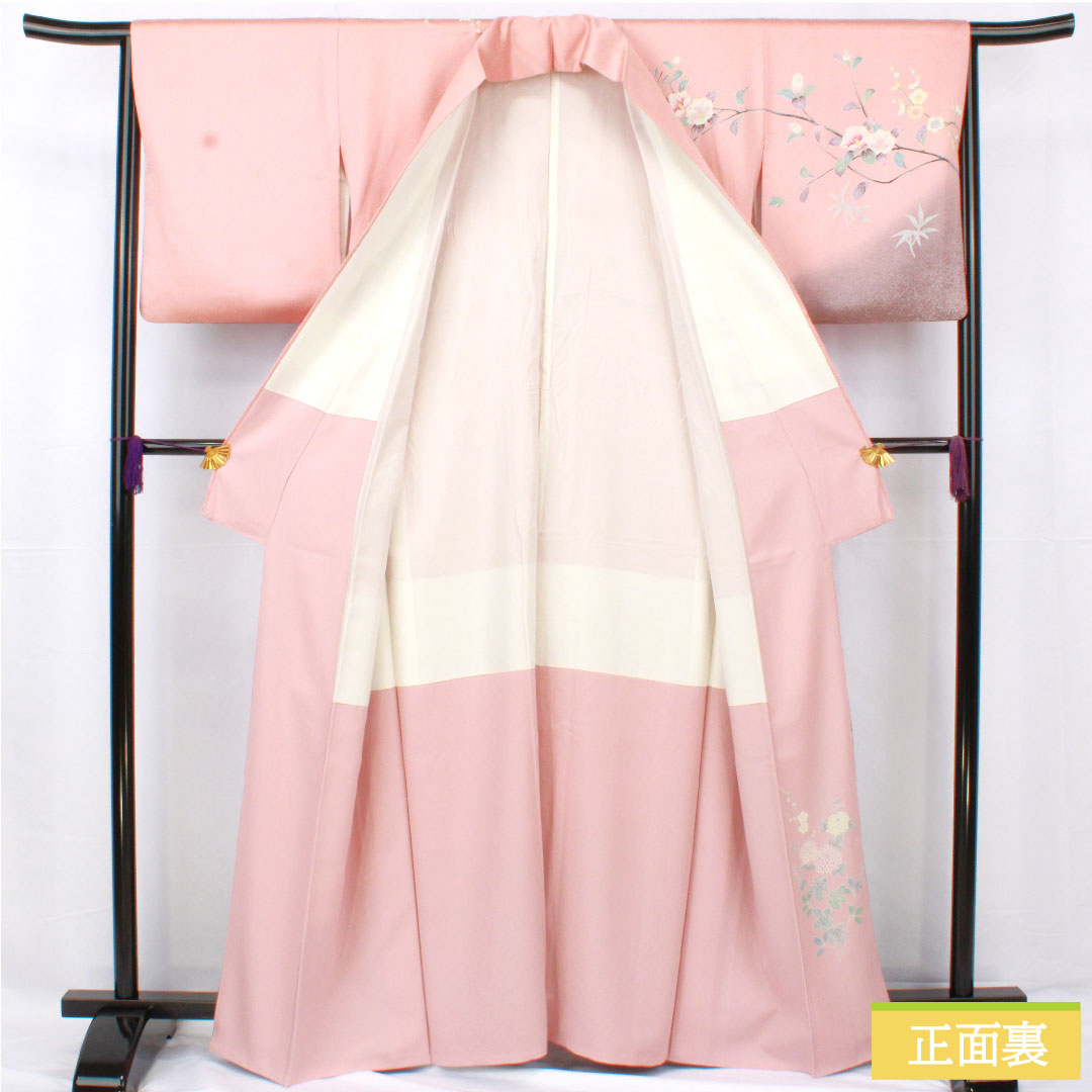 訪問着 正絹 袷 身丈163.5cm 裄丈64.5cm 浅紅色(あさべにいろ) 京友禅 松竹梅 椿 Aランク ピンク系 1112005543413
