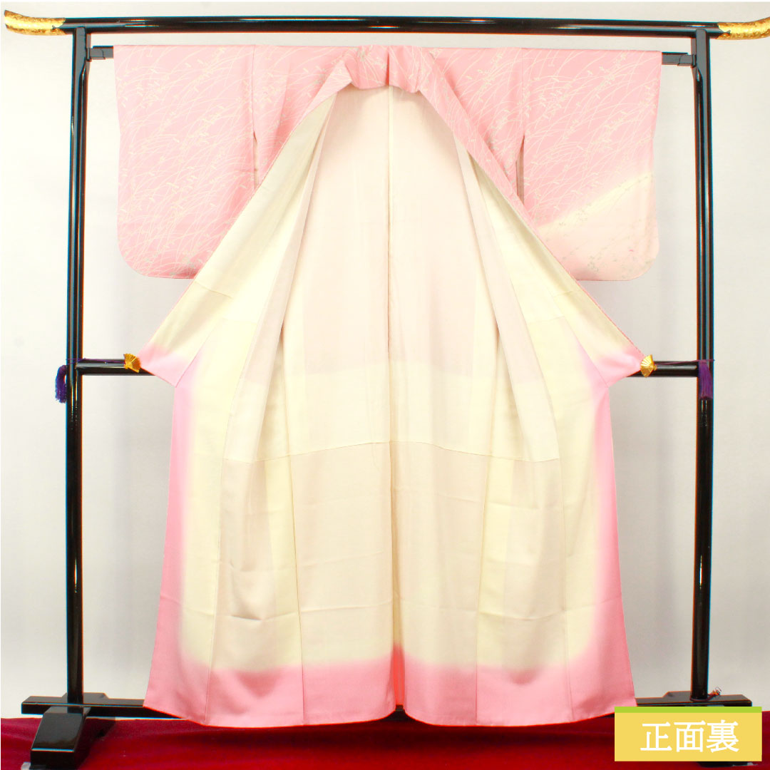 訪問着 正絹 袷 身丈159cm 裄丈64cm 一重梅色 草花模様 Aランク ピンク系 1112004133313