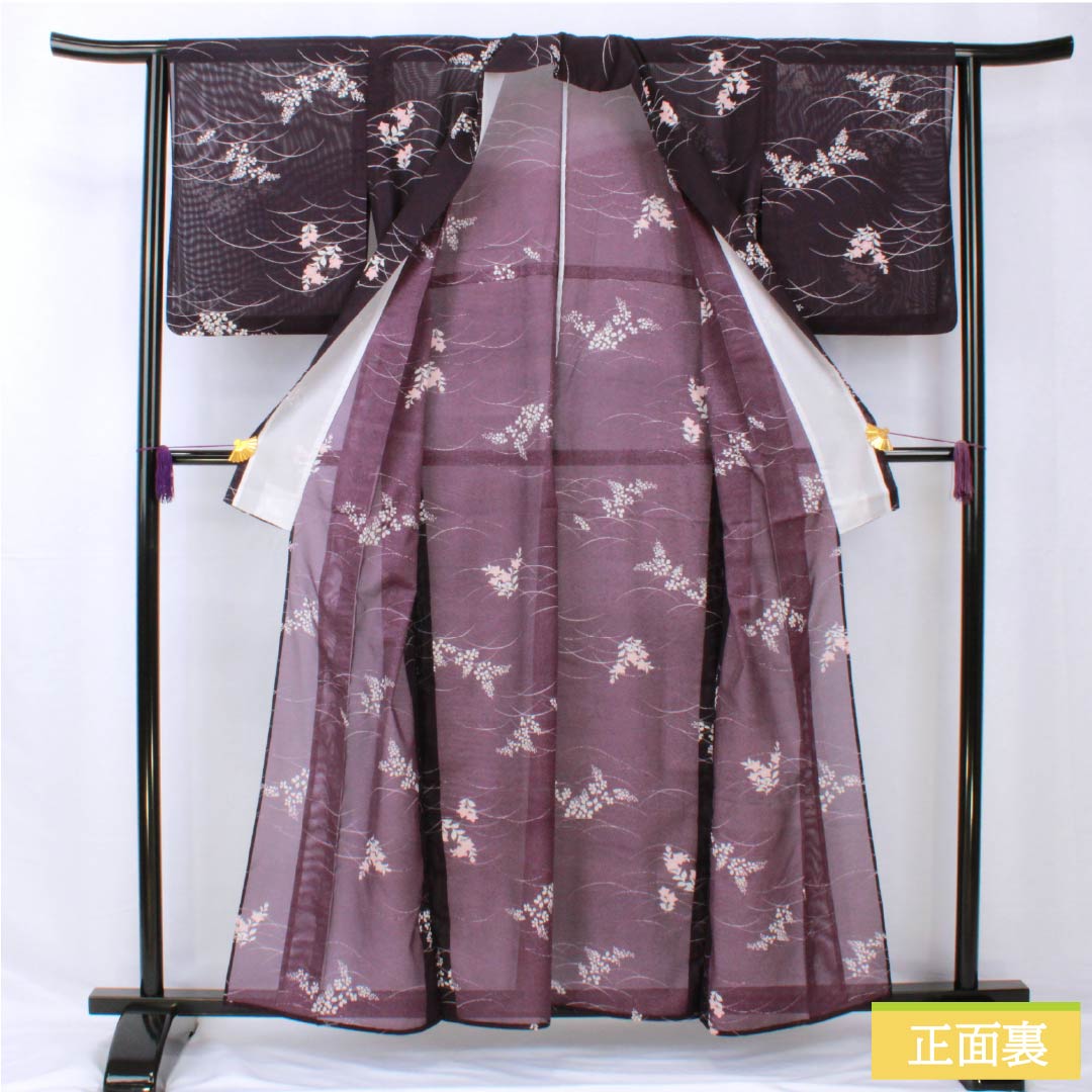 夏物 ポリエステル 小紋 身丈158cm 裄丈63cm 紫烏色(しうしょく) 露芝 草花 洗える着物 絽 Bランク 紫系 1132002044320